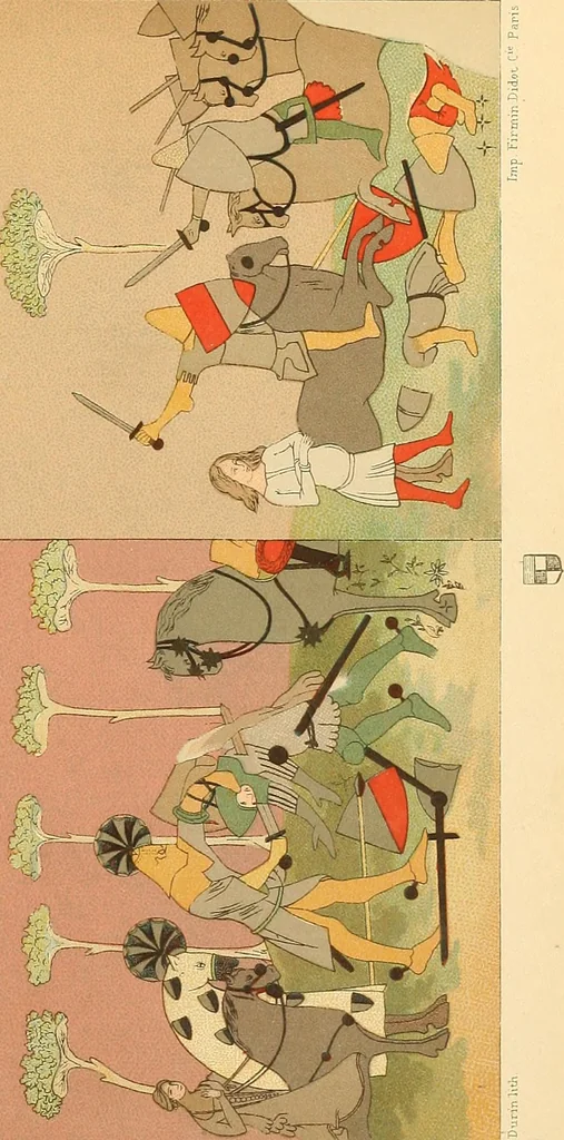 An illustration from Le costume historique. Cinq cents planches, trois cents en couleurs, or et argent, deux cents en camaieu. Types principaux du vêtement et de la parure, rapprochés de ceux de l'intérieur de l'habitation dans tous les temps et chez tous les peuples, avec de nombreux détails sur le mobilier, les armes, les objets usuels, les moyens de transport, etc, 1888, leaf 30
