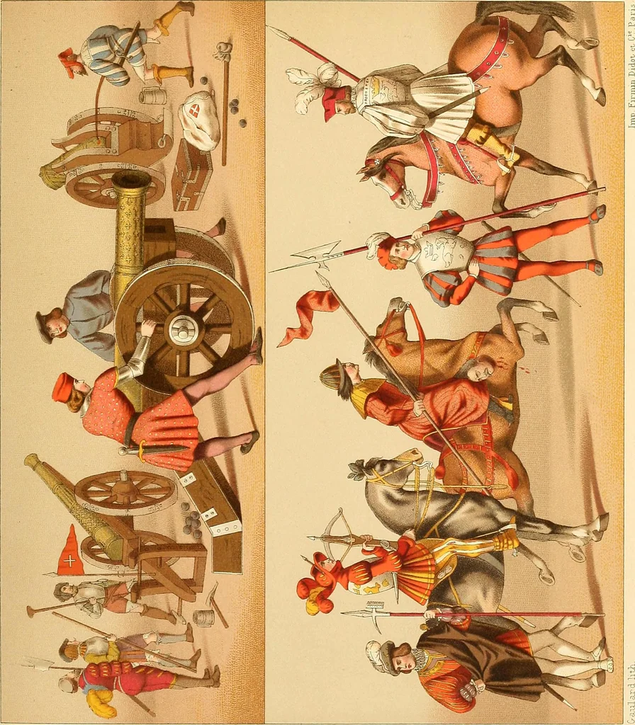 An illustration from Le costume historique. Cinq cents planches, trois cents en couleurs, or et argent, deux cents en camaieu. Types principaux du vêtement et de la parure, rapprochés de ceux de l'intérieur de l'habitation dans tous les temps et chez tous les peuples, avec de nombreux détails sur le mobilier, les armes, les objets usuels, les moyens de transport, etc, 1888, leaf 302