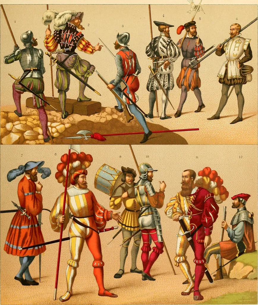 An illustration from Le costume historique. Cinq cents planches, trois cents en couleurs, or et argent, deux cents en camaieu. Types principaux du vêtement et de la parure, rapprochés de ceux de l'intérieur de l'habitation dans tous les temps et chez tous les peuples, avec de nombreux détails sur le mobilier, les armes, les objets usuels, les moyens de transport, etc, 1888, leaf 308