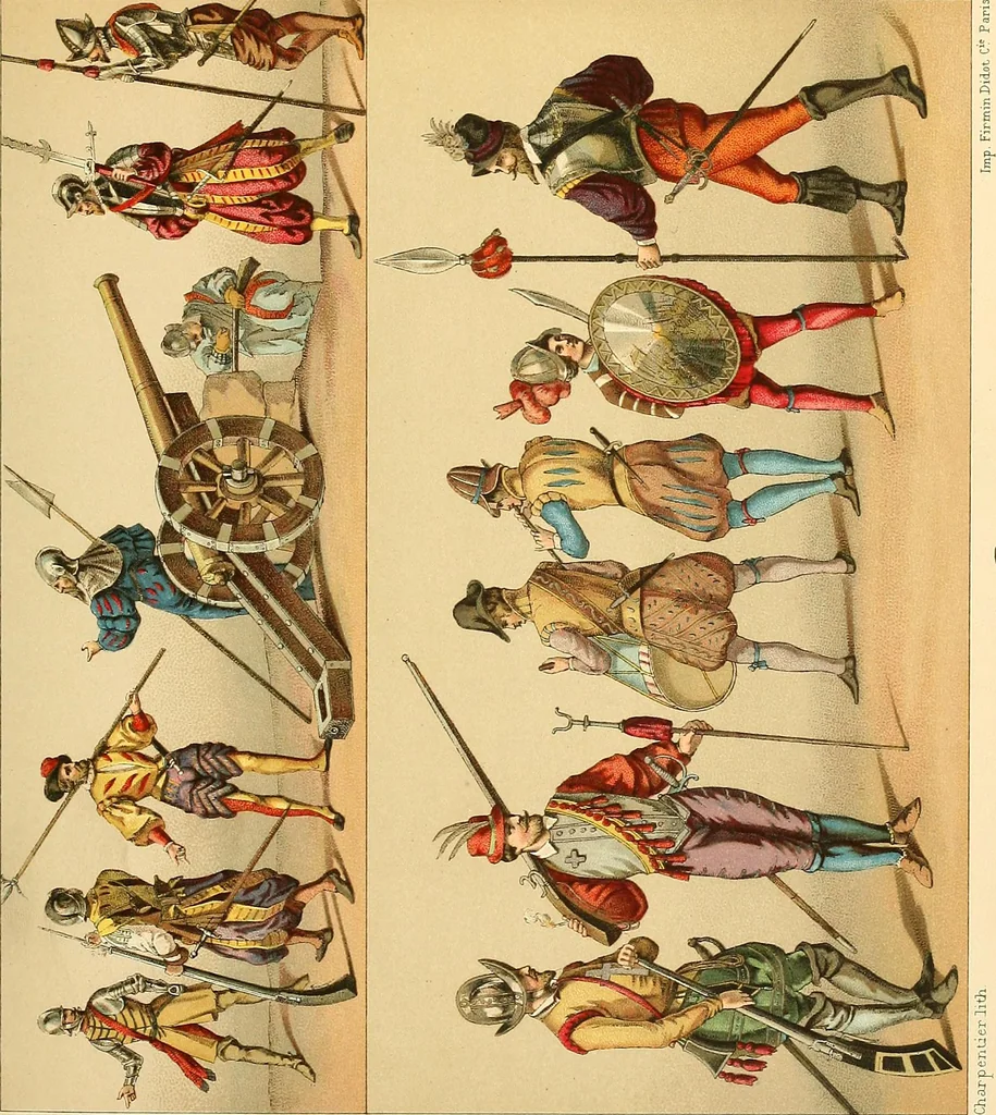 An illustration from Le costume historique. Cinq cents planches, trois cents en couleurs, or et argent, deux cents en camaieu. Types principaux du vêtement et de la parure, rapprochés de ceux de l'intérieur de l'habitation dans tous les temps et chez tous les peuples, avec de nombreux détails sur le mobilier, les armes, les objets usuels, les moyens de transport, etc, 1888, leaf 316