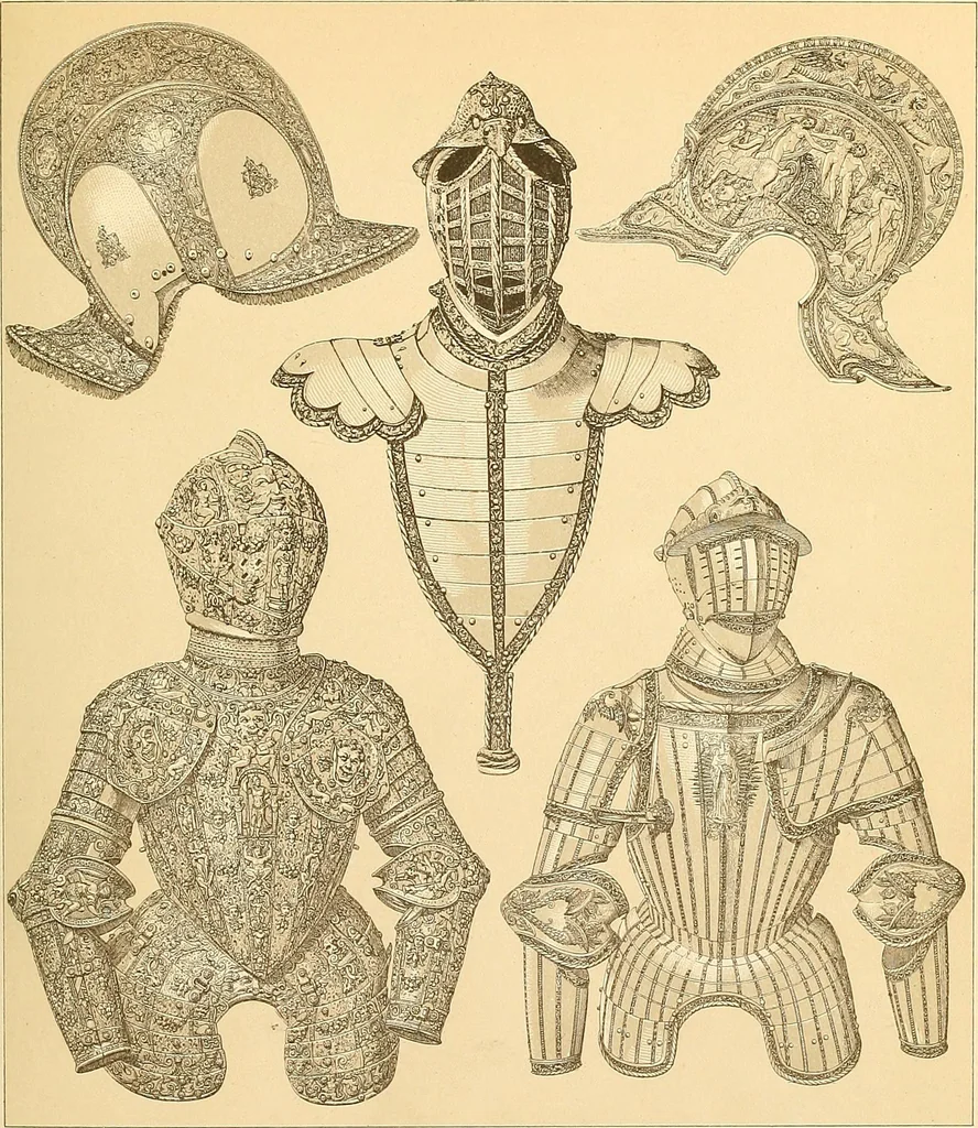 An illustration from Le costume historique. Cinq cents planches, trois cents en couleurs, or et argent, deux cents en camaieu. Types principaux du vêtement et de la parure, rapprochés de ceux de l'intérieur de l'habitation dans tous les temps et chez tous les peuples, avec de nombreux détails sur le mobilier, les armes, les objets usuels, les moyens de transport, etc, 1888, leaf 326