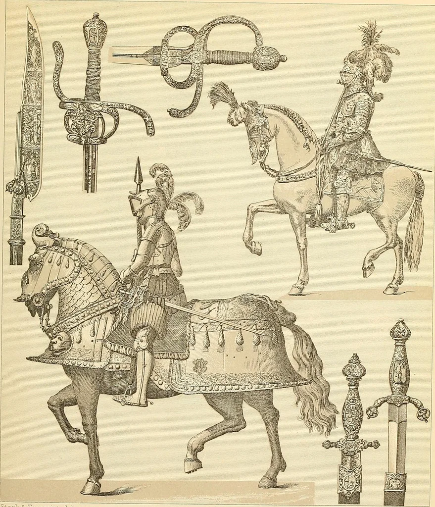 An illustration from Le costume historique. Cinq cents planches, trois cents en couleurs, or et argent, deux cents en camaieu. Types principaux du vêtement et de la parure, rapprochés de ceux de l'intérieur de l'habitation dans tous les temps et chez tous les peuples, avec de nombreux détails sur le mobilier, les armes, les objets usuels, les moyens de transport, etc, 1888, leaf 330