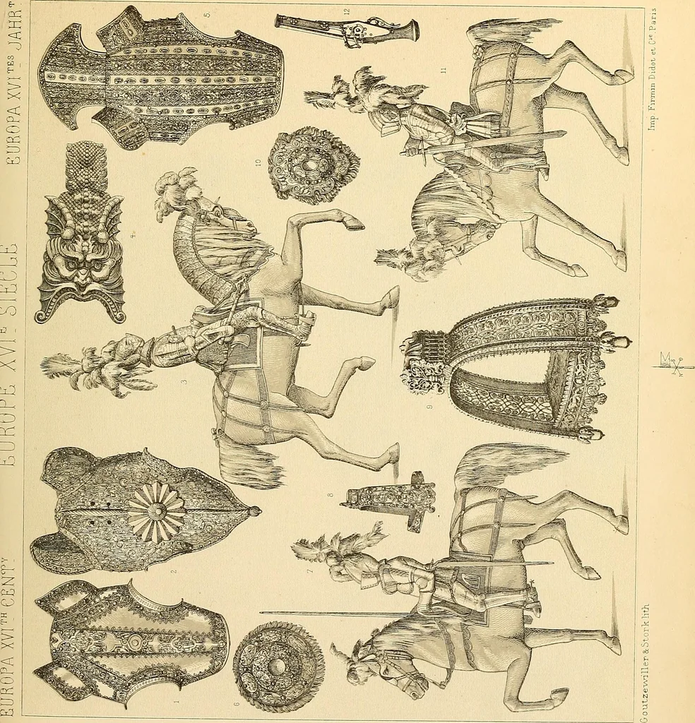 An illustration from Le costume historique. Cinq cents planches, trois cents en couleurs, or et argent, deux cents en camaieu. Types principaux du vêtement et de la parure, rapprochés de ceux de l'intérieur de l'habitation dans tous les temps et chez tous les peuples, avec de nombreux détails sur le mobilier, les armes, les objets usuels, les moyens de transport, etc, 1888, leaf 334