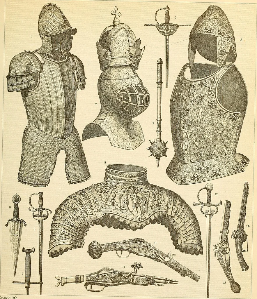 An illustration from Le costume historique. Cinq cents planches, trois cents en couleurs, or et argent, deux cents en camaieu. Types principaux du vêtement et de la parure, rapprochés de ceux de l'intérieur de l'habitation dans tous les temps et chez tous les peuples, avec de nombreux détails sur le mobilier, les armes, les objets usuels, les moyens de transport, etc, 1888, leaf 340
