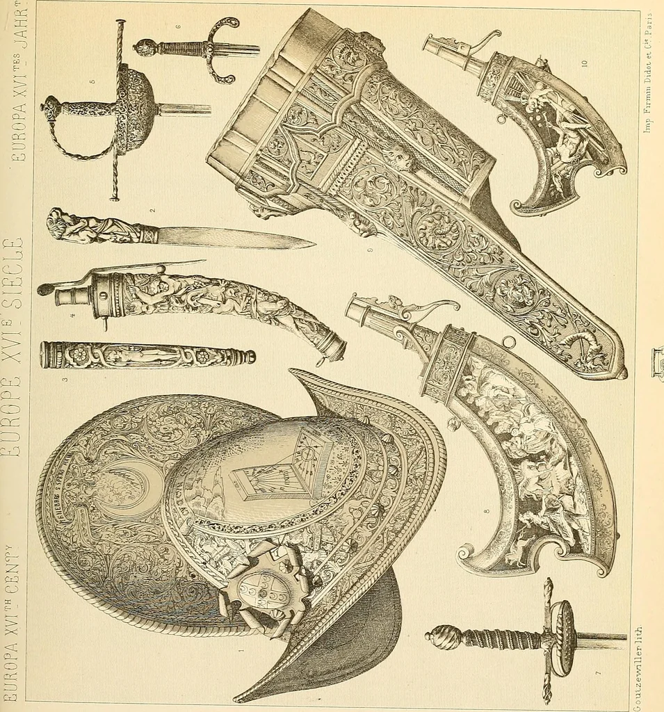 An illustration from Le costume historique. Cinq cents planches, trois cents en couleurs, or et argent, deux cents en camaieu. Types principaux du vêtement et de la parure, rapprochés de ceux de l'intérieur de l'habitation dans tous les temps et chez tous les peuples, avec de nombreux détails sur le mobilier, les armes, les objets usuels, les moyens de transport, etc, 1888, leaf 346