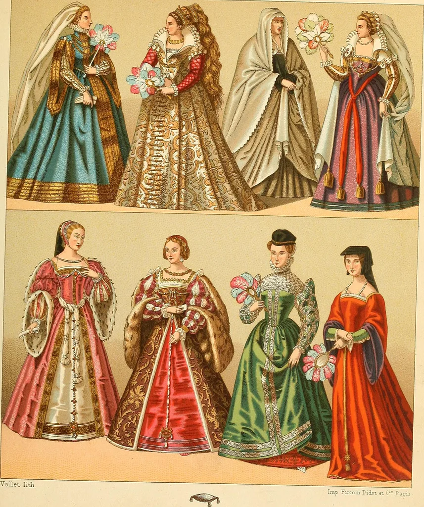 An illustration from Le costume historique. Cinq cents planches, trois cents en couleurs, or et argent, deux cents en camaieu. Types principaux du vêtement et de la parure, rapprochés de ceux de l'intérieur de l'habitation dans tous les temps et chez tous les peuples, avec de nombreux détails sur le mobilier, les armes, les objets usuels, les moyens de transport, etc, 1888, leaf 350