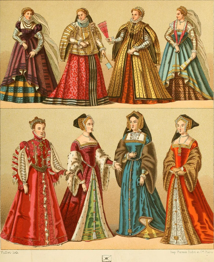 An illustration from Le costume historique. Cinq cents planches, trois cents en couleurs, or et argent, deux cents en camaieu. Types principaux du vêtement et de la parure, rapprochés de ceux de l'intérieur de l'habitation dans tous les temps et chez tous les peuples, avec de nombreux détails sur le mobilier, les armes, les objets usuels, les moyens de transport, etc, 1888, leaf 356