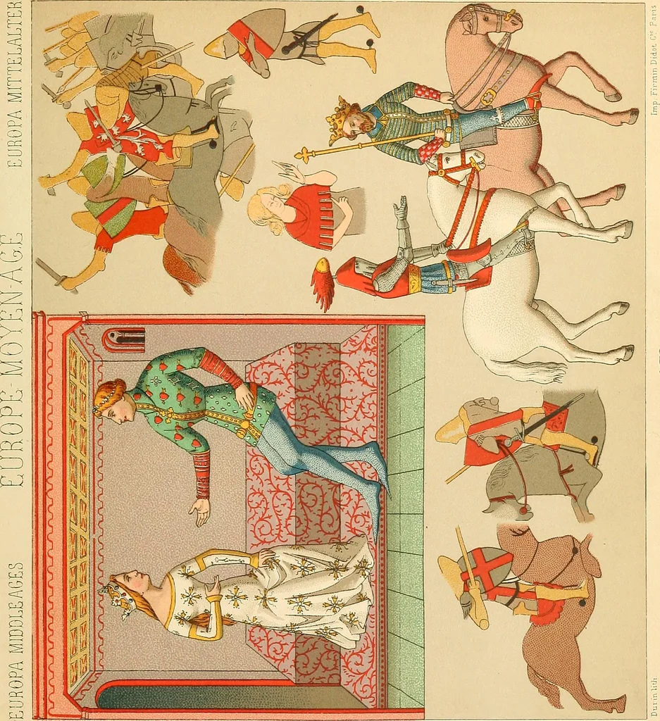 An illustration from Le costume historique. Cinq cents planches, trois cents en couleurs, or et argent, deux cents en camaieu. Types principaux du vêtement et de la parure, rapprochés de ceux de l'intérieur de l'habitation dans tous les temps et chez tous les peuples, avec de nombreux détails sur le mobilier, les armes, les objets usuels, les moyens de transport, etc, 1888, leaf 36
