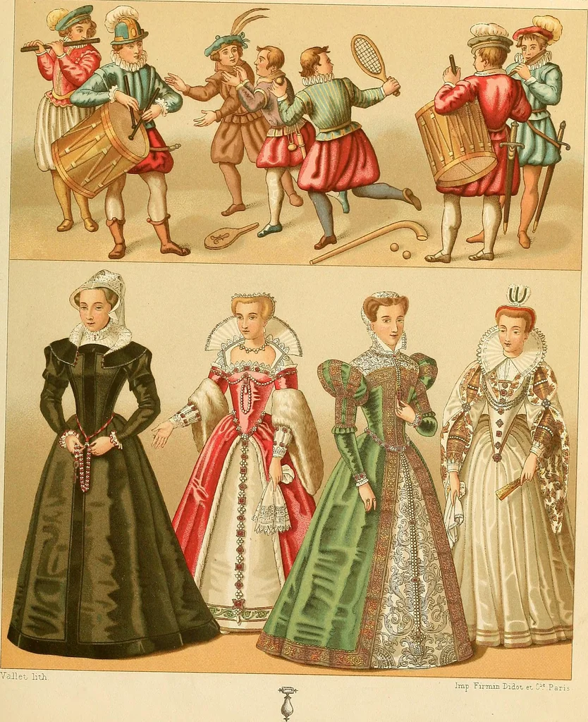 An illustration from Le costume historique. Cinq cents planches, trois cents en couleurs, or et argent, deux cents en camaieu. Types principaux du vêtement et de la parure, rapprochés de ceux de l'intérieur de l'habitation dans tous les temps et chez tous les peuples, avec de nombreux détails sur le mobilier, les armes, les objets usuels, les moyens de transport, etc, 1888, leaf 366