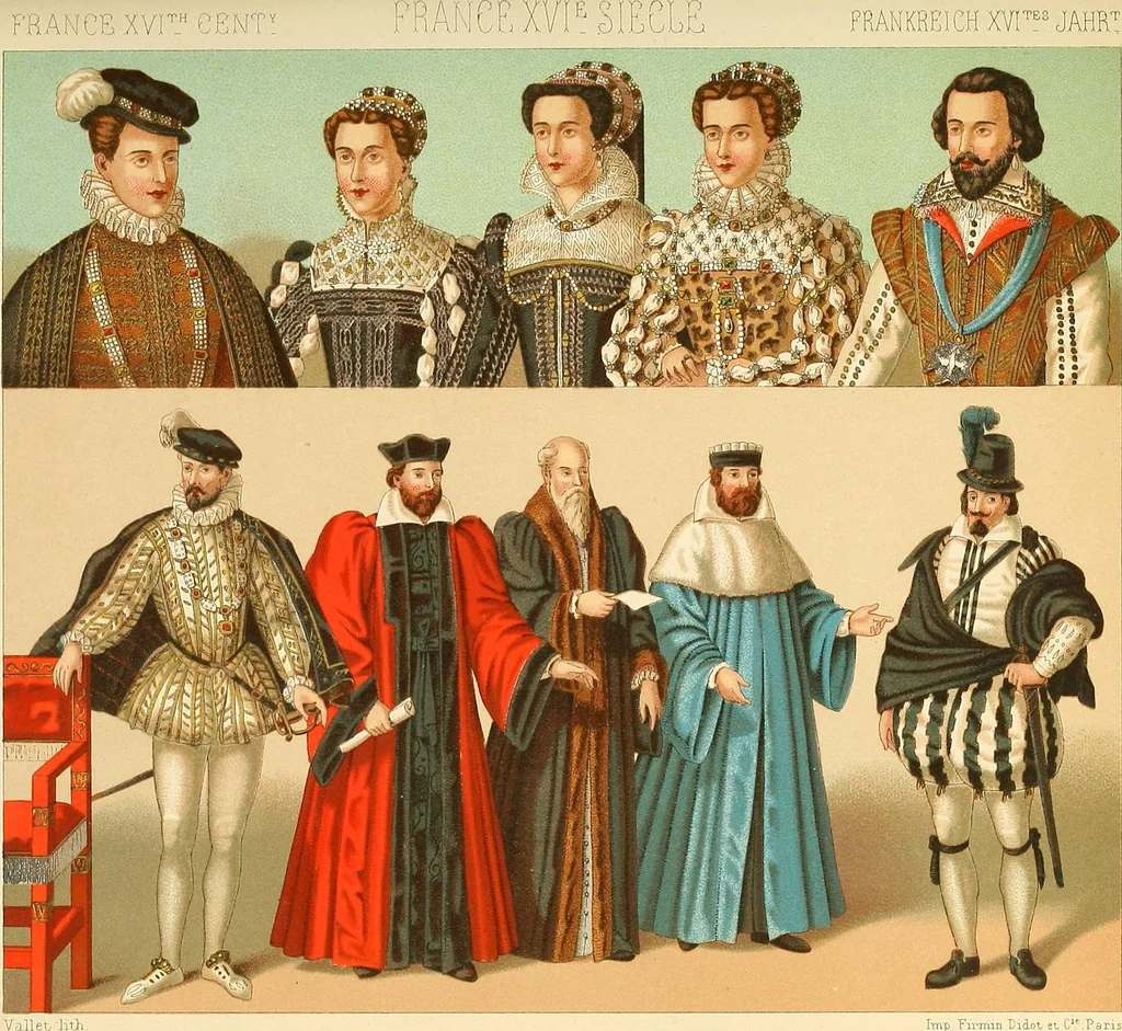 An illustration from Le costume historique. Cinq cents planches, trois cents en couleurs, or et argent, deux cents en camaieu. Types principaux du vêtement et de la parure, rapprochés de ceux de l'intérieur de l'habitation dans tous les temps et chez tous les peuples, avec de nombreux détails sur le mobilier, les armes, les objets usuels, les moyens de transport, etc, 1888, leaf 372
