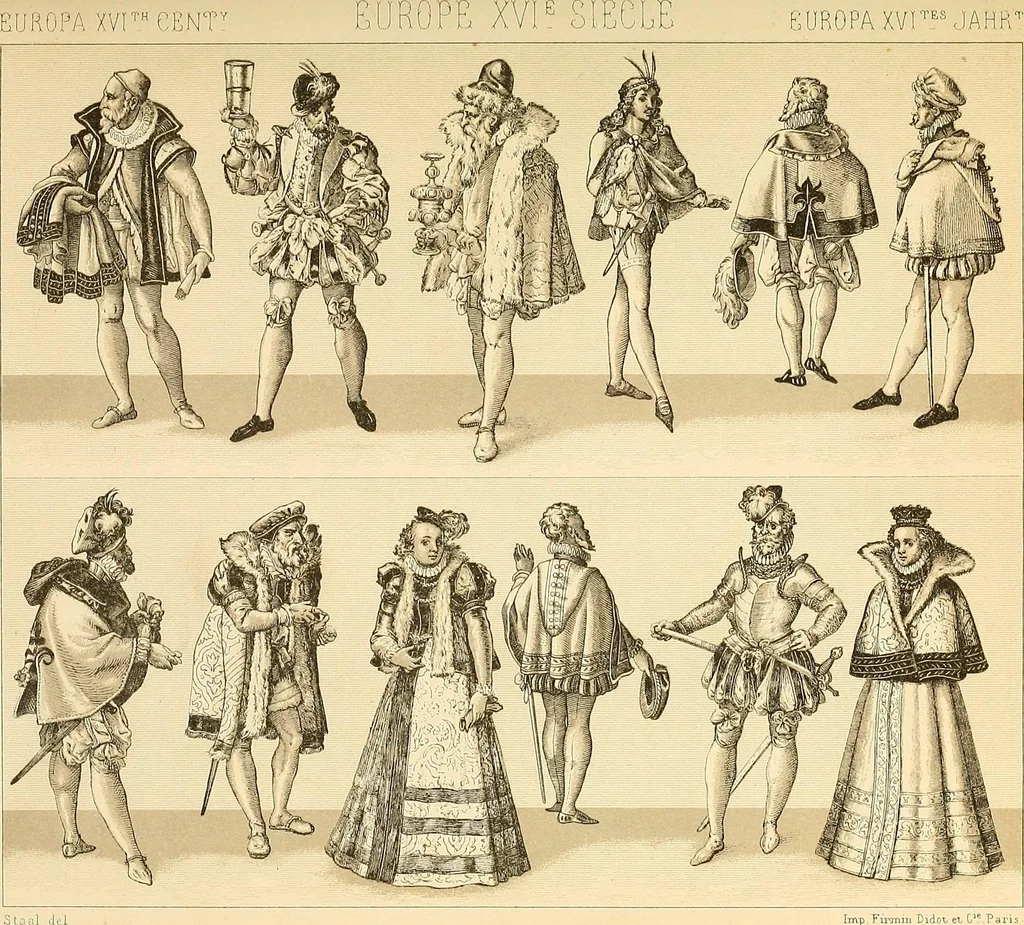 An illustration from Le costume historique. Cinq cents planches, trois cents en couleurs, or et argent, deux cents en camaieu. Types principaux du vêtement et de la parure, rapprochés de ceux de l'intérieur de l'habitation dans tous les temps et chez tous les peuples, avec de nombreux détails sur le mobilier, les armes, les objets usuels, les moyens de transport, etc, 1888, leaf 382