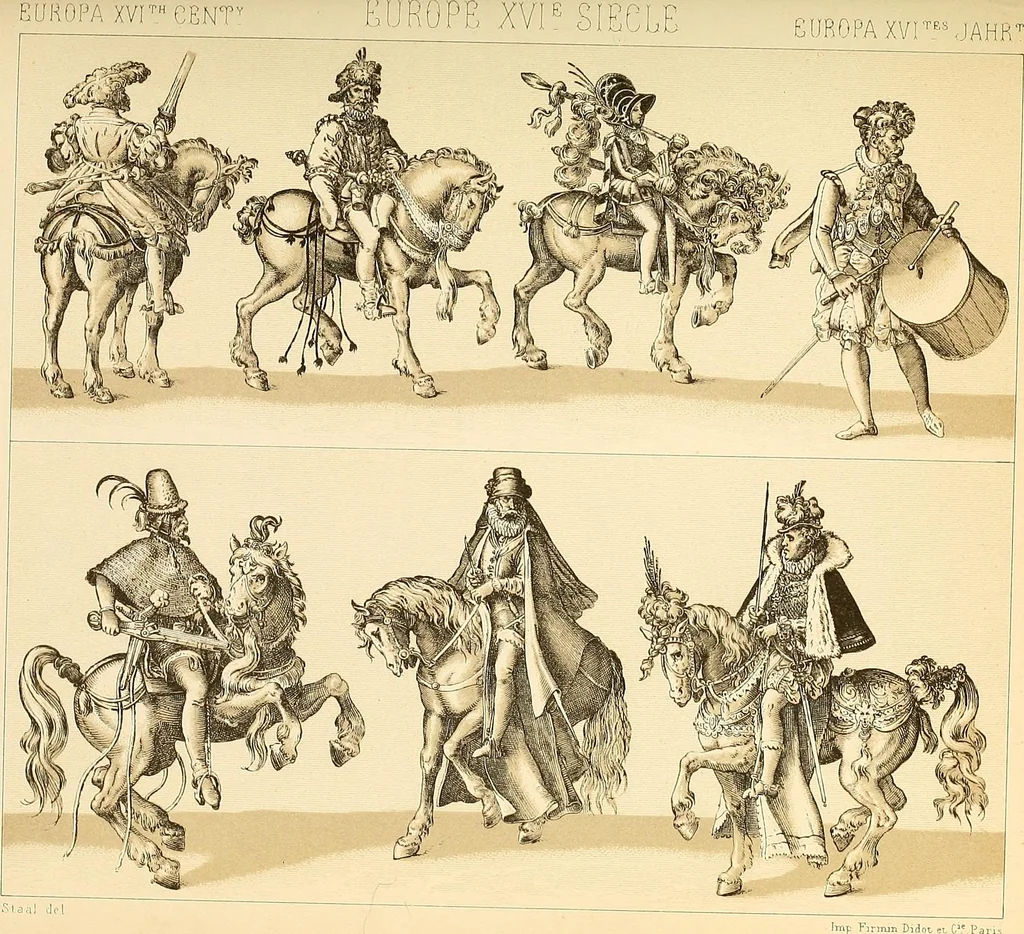 An illustration from Le costume historique. Cinq cents planches, trois cents en couleurs, or et argent, deux cents en camaieu. Types principaux du vêtement et de la parure, rapprochés de ceux de l'intérieur de l'habitation dans tous les temps et chez tous les peuples, avec de nombreux détails sur le mobilier, les armes, les objets usuels, les moyens de transport, etc, 1888, leaf 384