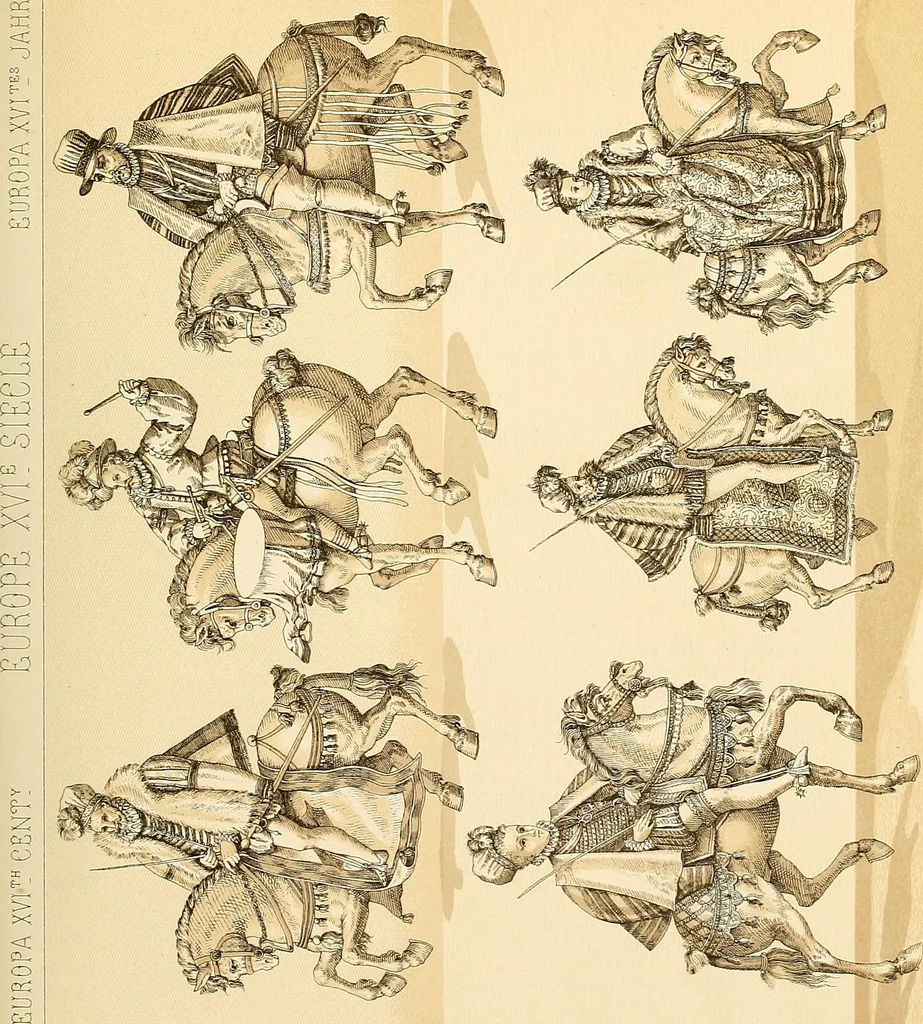 An illustration from Le costume historique. Cinq cents planches, trois cents en couleurs, or et argent, deux cents en camaieu. Types principaux du vêtement et de la parure, rapprochés de ceux de l'intérieur de l'habitation dans tous les temps et chez tous les peuples, avec de nombreux détails sur le mobilier, les armes, les objets usuels, les moyens de transport, etc, 1888, leaf 390