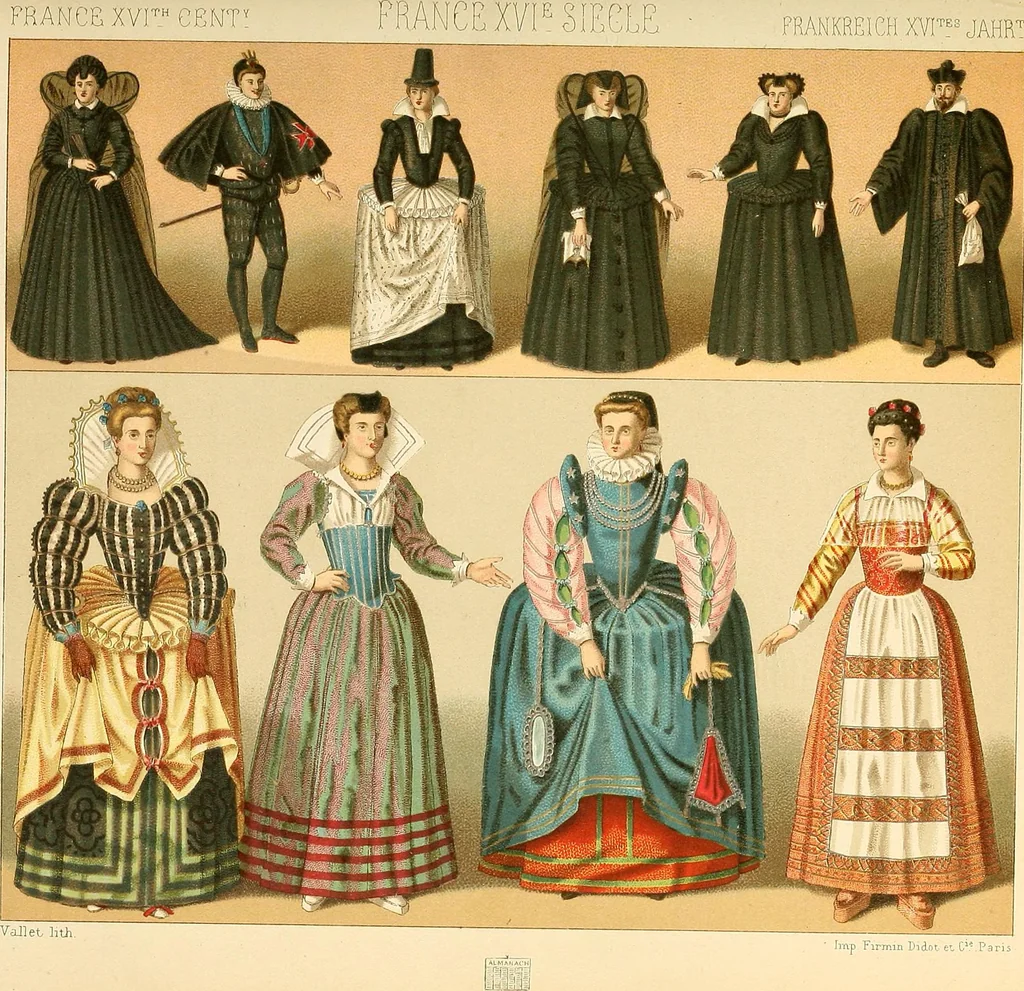 An illustration from Le costume historique. Cinq cents planches, trois cents en couleurs, or et argent, deux cents en camaieu. Types principaux du vêtement et de la parure, rapprochés de ceux de l'intérieur de l'habitation dans tous les temps et chez tous les peuples, avec de nombreux détails sur le mobilier, les armes, les objets usuels, les moyens de transport, etc, 1888, leaf 394