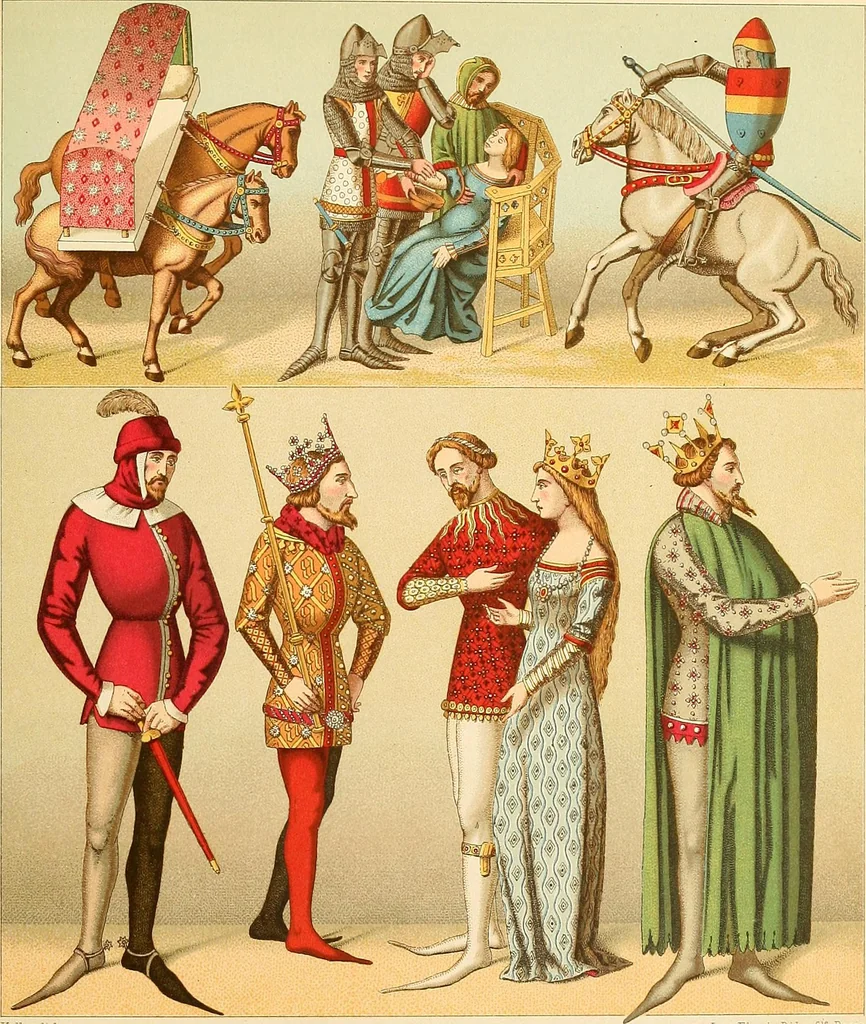 An illustration from Le costume historique. Cinq cents planches, trois cents en couleurs, or et argent, deux cents en camaieu. Types principaux du vêtement et de la parure, rapprochés de ceux de l'intérieur de l'habitation dans tous les temps et chez tous les peuples, avec de nombreux détails sur le mobilier, les armes, les objets usuels, les moyens de transport, etc, 1888, leaf 40