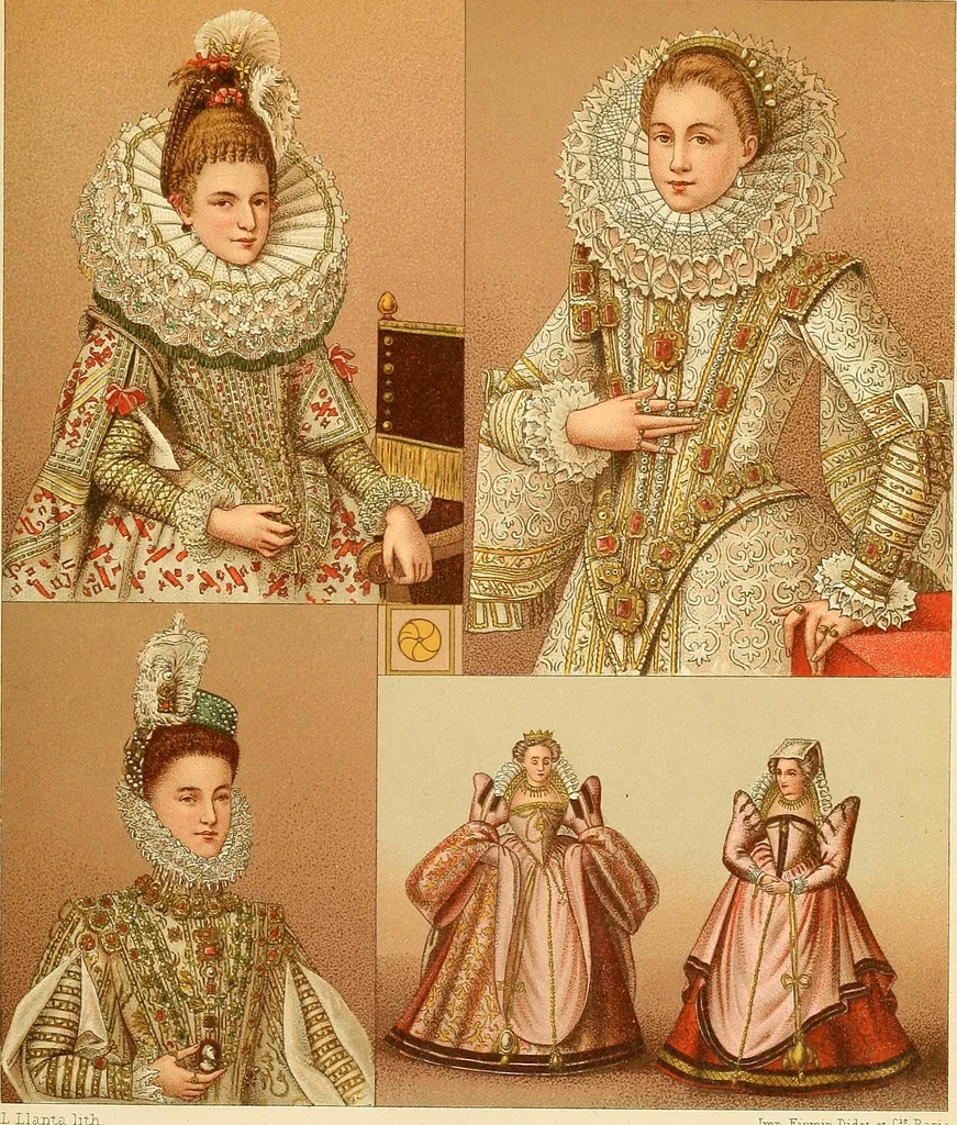 An illustration from Le costume historique. Cinq cents planches, trois cents en couleurs, or et argent, deux cents en camaieu. Types principaux du vêtement et de la parure, rapprochés de ceux de l'intérieur de l'habitation dans tous les temps et chez tous les peuples, avec de nombreux détails sur le mobilier, les armes, les objets usuels, les moyens de transport, etc, 1888, leaf 408