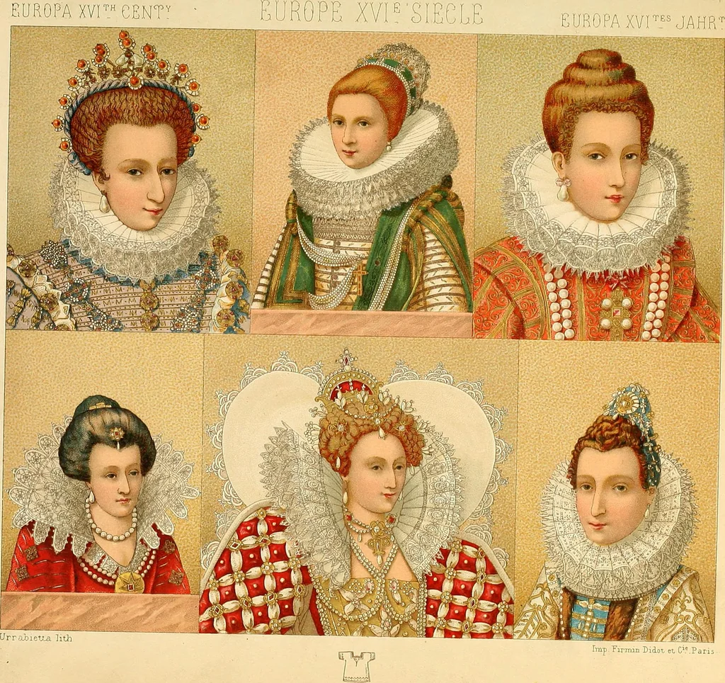 An illustration from Le costume historique. Cinq cents planches, trois cents en couleurs, or et argent, deux cents en camaieu. Types principaux du vêtement et de la parure, rapprochés de ceux de l'intérieur de l'habitation dans tous les temps et chez tous les peuples, avec de nombreux détails sur le mobilier, les armes, les objets usuels, les moyens de transport, etc, 1888, leaf 410