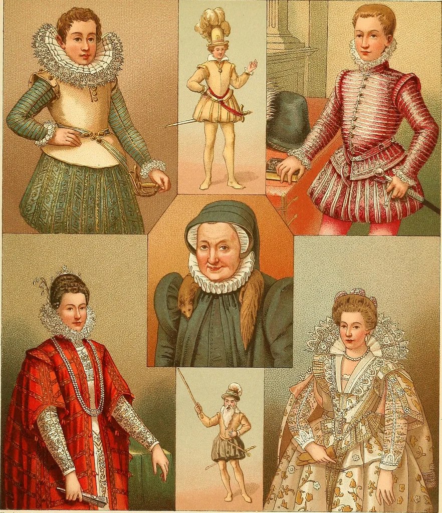 An illustration from Le costume historique. Cinq cents planches, trois cents en couleurs, or et argent, deux cents en camaieu. Types principaux du vêtement et de la parure, rapprochés de ceux de l'intérieur de l'habitation dans tous les temps et chez tous les peuples, avec de nombreux détails sur le mobilier, les armes, les objets usuels, les moyens de transport, etc, 1888, leaf 418
