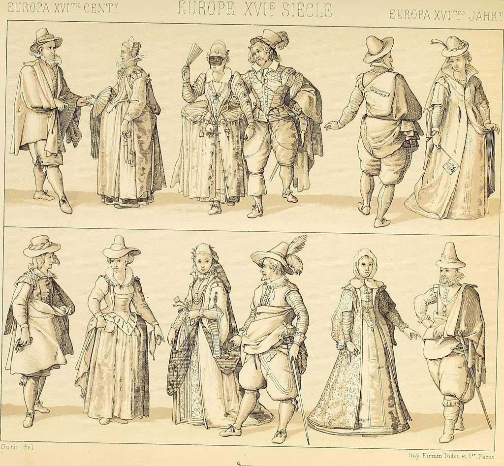 An illustration from Le costume historique. Cinq cents planches, trois cents en couleurs, or et argent, deux cents en camaieu. Types principaux du vêtement et de la parure, rapprochés de ceux de l'intérieur de l'habitation dans tous les temps et chez tous les peuples, avec de nombreux détails sur le mobilier, les armes, les objets usuels, les moyens de transport, etc, 1888, leaf 428