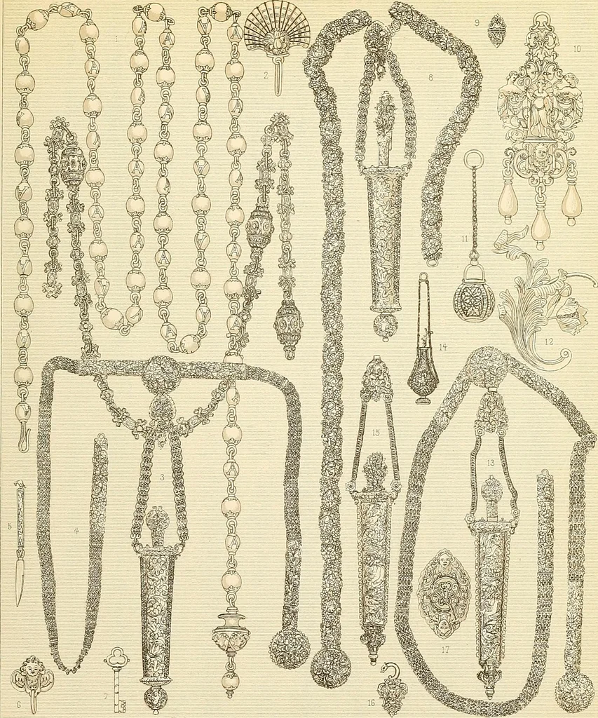 An illustration from Le costume historique. Cinq cents planches, trois cents en couleurs, or et argent, deux cents en camaieu. Types principaux du vêtement et de la parure, rapprochés de ceux de l'intérieur de l'habitation dans tous les temps et chez tous les peuples, avec de nombreux détails sur le mobilier, les armes, les objets usuels, les moyens de transport, etc, 1888, leaf 440