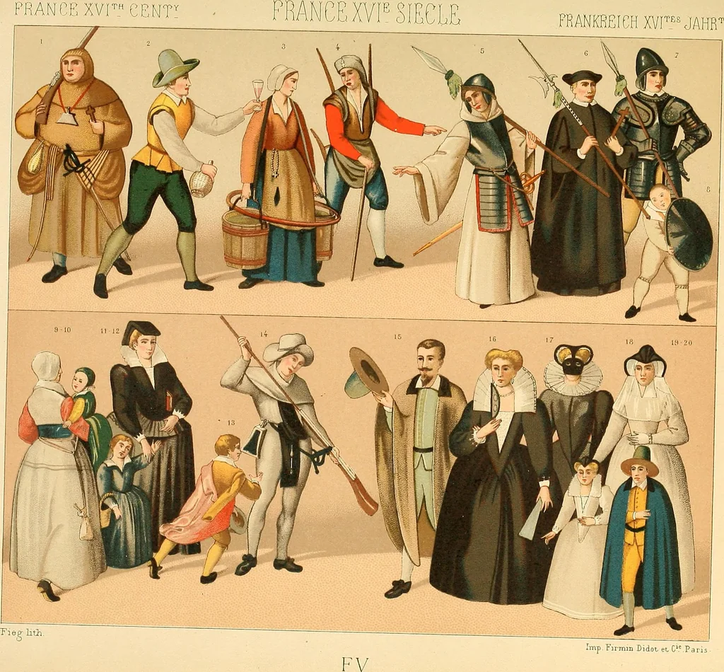 An illustration from Le costume historique. Cinq cents planches, trois cents en couleurs, or et argent, deux cents en camaieu. Types principaux du vêtement et de la parure, rapprochés de ceux de l'intérieur de l'habitation dans tous les temps et chez tous les peuples, avec de nombreux détails sur le mobilier, les armes, les objets usuels, les moyens de transport, etc, 1888, leaf 444