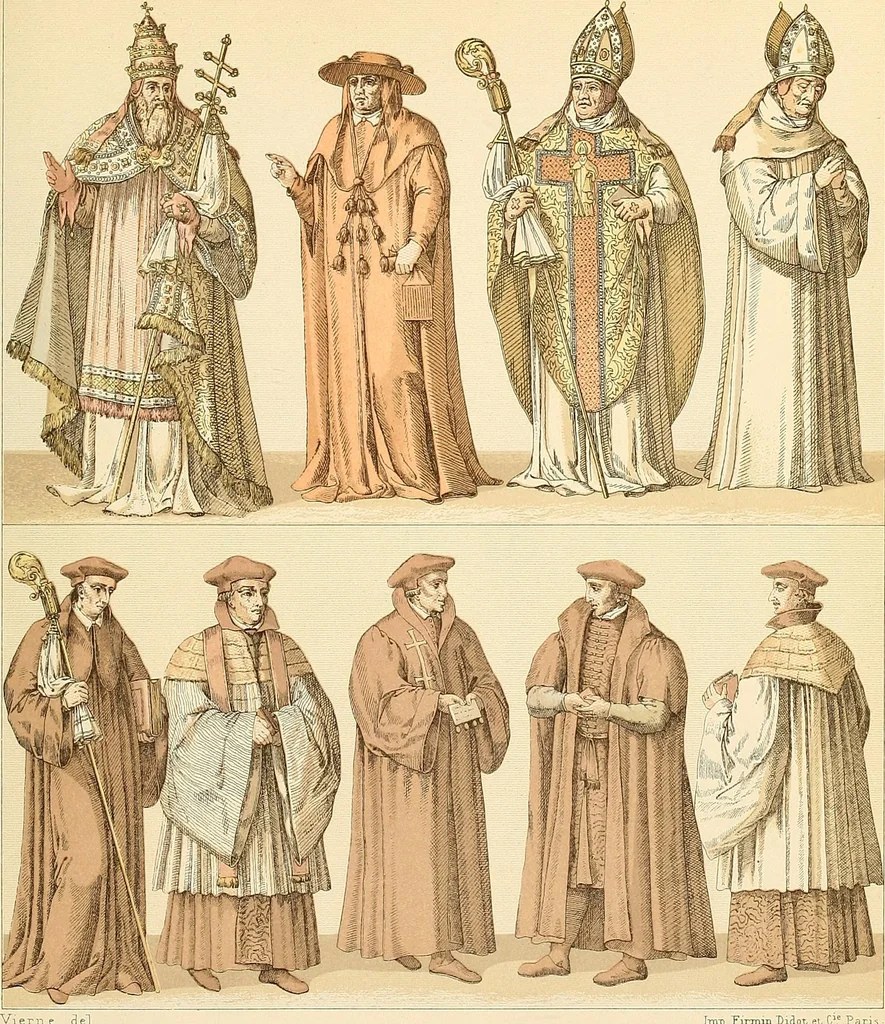 An illustration from Le costume historique. Cinq cents planches, trois cents en couleurs, or et argent, deux cents en camaieu. Types principaux du vêtement et de la parure, rapprochés de ceux de l'intérieur de l'habitation dans tous les temps et chez tous les peuples, avec de nombreux détails sur le mobilier, les armes, les objets usuels, les moyens de transport, etc, 1888, leaf 450