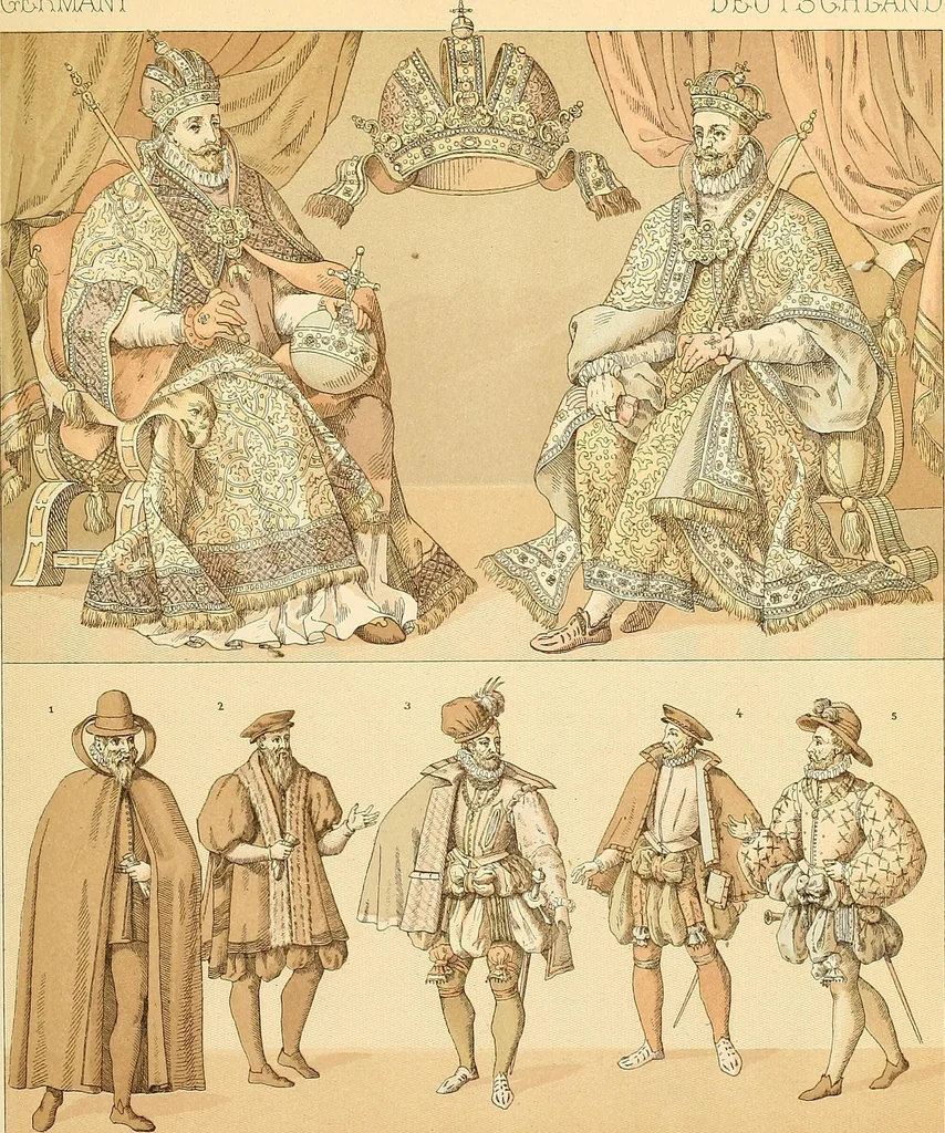 An illustration from Le costume historique. Cinq cents planches, trois cents en couleurs, or et argent, deux cents en camaieu. Types principaux du vêtement et de la parure, rapprochés de ceux de l'intérieur de l'habitation dans tous les temps et chez tous les peuples, avec de nombreux détails sur le mobilier, les armes, les objets usuels, les moyens de transport, etc, 1888, leaf 456