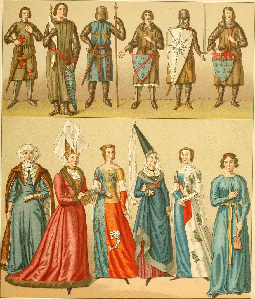 An illustration from Le costume historique. Cinq cents planches, trois cents en couleurs, or et argent, deux cents en camaieu. Types principaux du vêtement et de la parure, rapprochés de ceux de l'intérieur de l'habitation dans tous les temps et chez tous les peuples, avec de nombreux détails sur le mobilier, les armes, les objets usuels, les moyens de transport, etc, 1888, leaf 46
