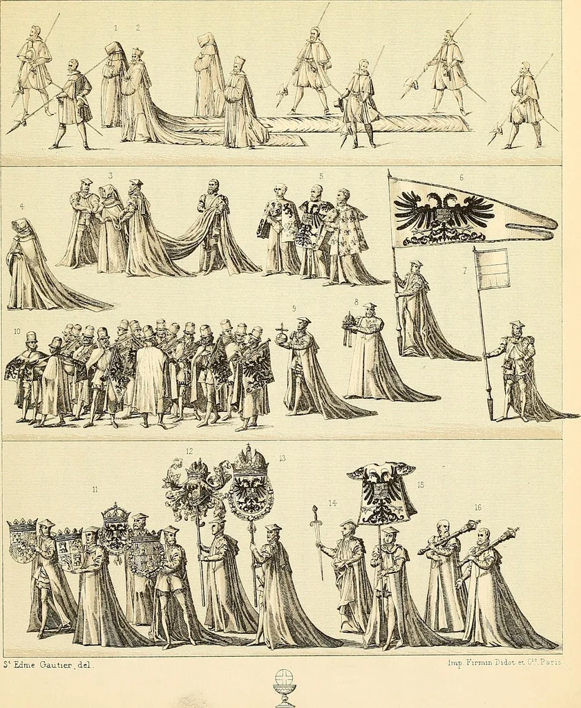 An illustration from Le costume historique. Cinq cents planches, trois cents en couleurs, or et argent, deux cents en camaieu. Types principaux du vêtement et de la parure, rapprochés de ceux de l'intérieur de l'habitation dans tous les temps et chez tous les peuples, avec de nombreux détails sur le mobilier, les armes, les objets usuels, les moyens de transport, etc, 1888, leaf 462