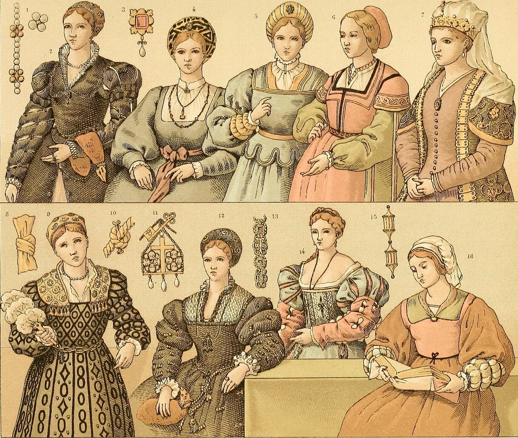 An illustration from Le costume historique. Cinq cents planches, trois cents en couleurs, or et argent, deux cents en camaieu. Types principaux du vêtement et de la parure, rapprochés de ceux de l'intérieur de l'habitation dans tous les temps et chez tous les peuples, avec de nombreux détails sur le mobilier, les armes, les objets usuels, les moyens de transport, etc, 1888, leaf 470
