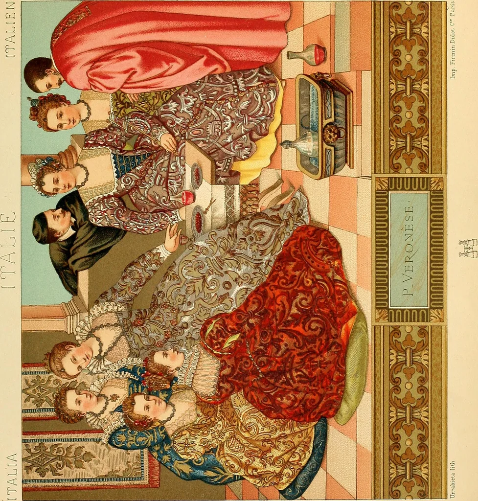 An illustration from Le costume historique. Cinq cents planches, trois cents en couleurs, or et argent, deux cents en camaieu. Types principaux du vêtement et de la parure, rapprochés de ceux de l'intérieur de l'habitation dans tous les temps et chez tous les peuples, avec de nombreux détails sur le mobilier, les armes, les objets usuels, les moyens de transport, etc, 1888, leaf 474