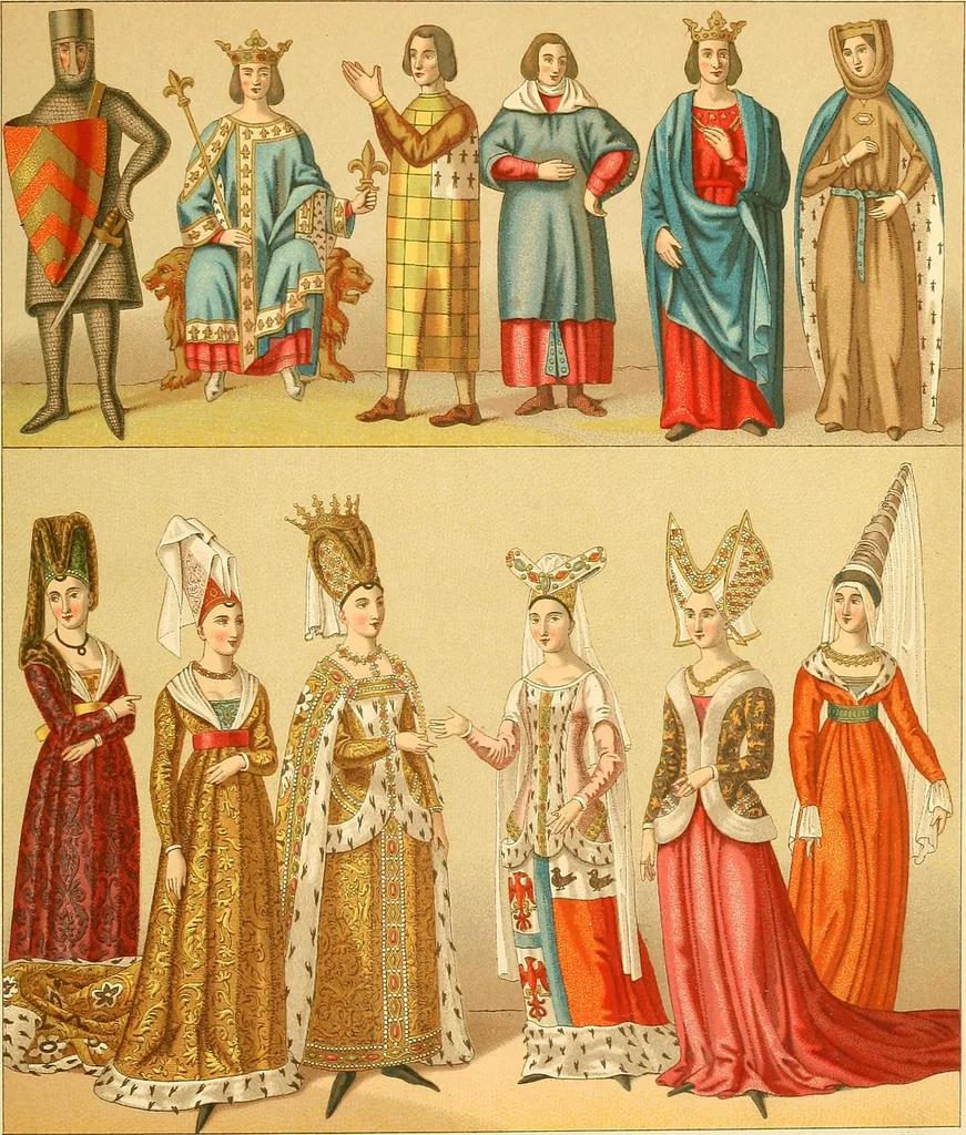 An illustration from Le costume historique. Cinq cents planches, trois cents en couleurs, or et argent, deux cents en camaieu. Types principaux du vêtement et de la parure, rapprochés de ceux de l'intérieur de l'habitation dans tous les temps et chez tous les peuples, avec de nombreux détails sur le mobilier, les armes, les objets usuels, les moyens de transport, etc, 1888, leaf 48