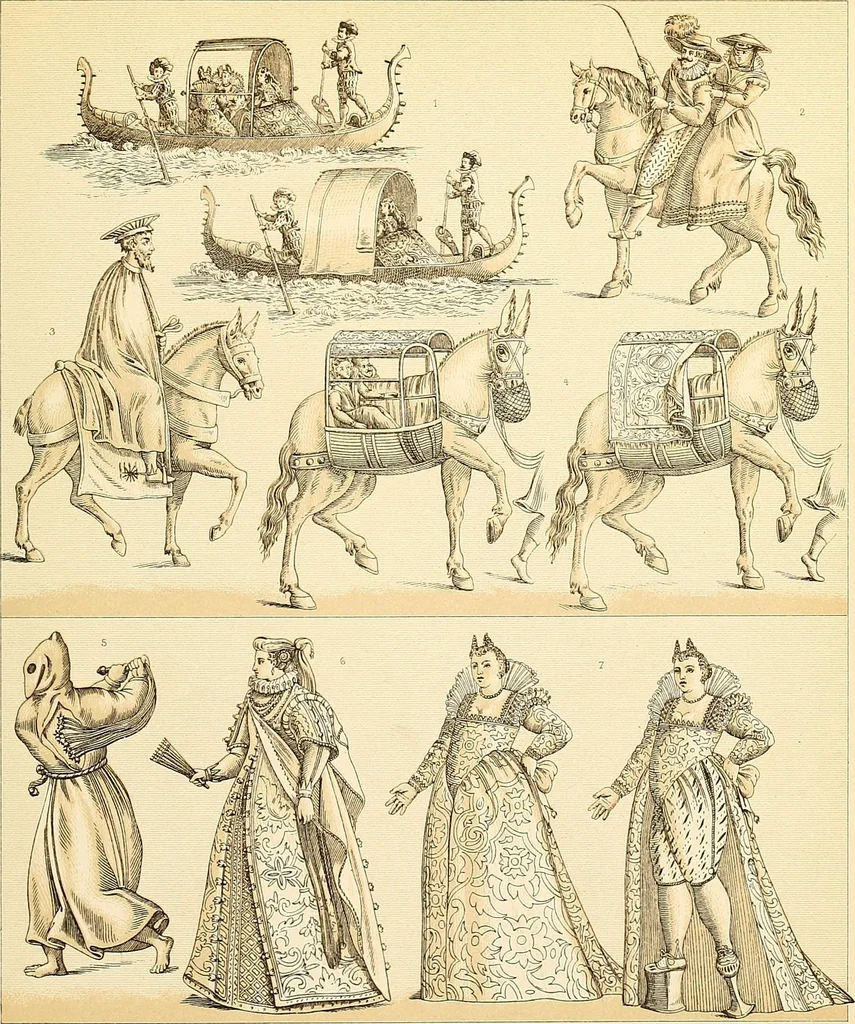 An illustration from Le costume historique. Cinq cents planches, trois cents en couleurs, or et argent, deux cents en camaieu. Types principaux du vêtement et de la parure, rapprochés de ceux de l'intérieur de l'habitation dans tous les temps et chez tous les peuples, avec de nombreux détails sur le mobilier, les armes, les objets usuels, les moyens de transport, etc, 1888, leaf 482