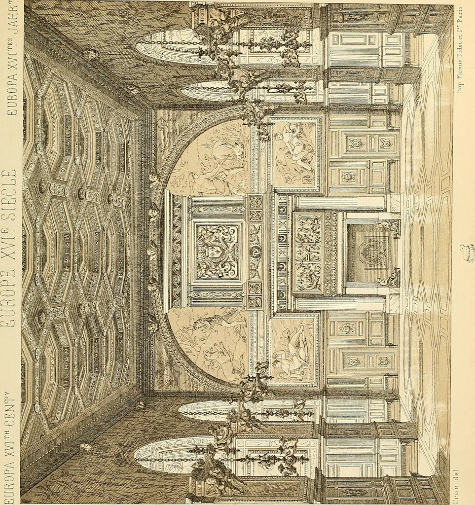 An illustration from Le costume historique. Cinq cents planches, trois cents en couleurs, or et argent, deux cents en camaieu. Types principaux du vêtement et de la parure, rapprochés de ceux de l'intérieur de l'habitation dans tous les temps et chez tous les peuples, avec de nombreux détails sur le mobilier, les armes, les objets usuels, les moyens de transport, etc, 1888, leaf 488