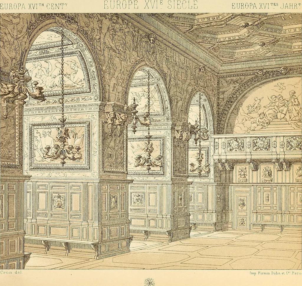 An illustration from Le costume historique. Cinq cents planches, trois cents en couleurs, or et argent, deux cents en camaieu. Types principaux du vêtement et de la parure, rapprochés de ceux de l'intérieur de l'habitation dans tous les temps et chez tous les peuples, avec de nombreux détails sur le mobilier, les armes, les objets usuels, les moyens de transport, etc, 1888, leaf 490
