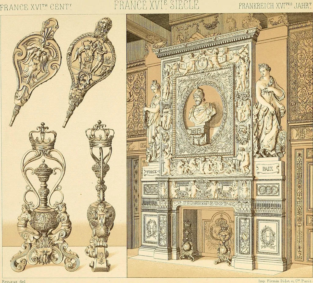 An illustration from Le costume historique. Cinq cents planches, trois cents en couleurs, or et argent, deux cents en camaieu. Types principaux du vêtement et de la parure, rapprochés de ceux de l'intérieur de l'habitation dans tous les temps et chez tous les peuples, avec de nombreux détails sur le mobilier, les armes, les objets usuels, les moyens de transport, etc, 1888, leaf 494