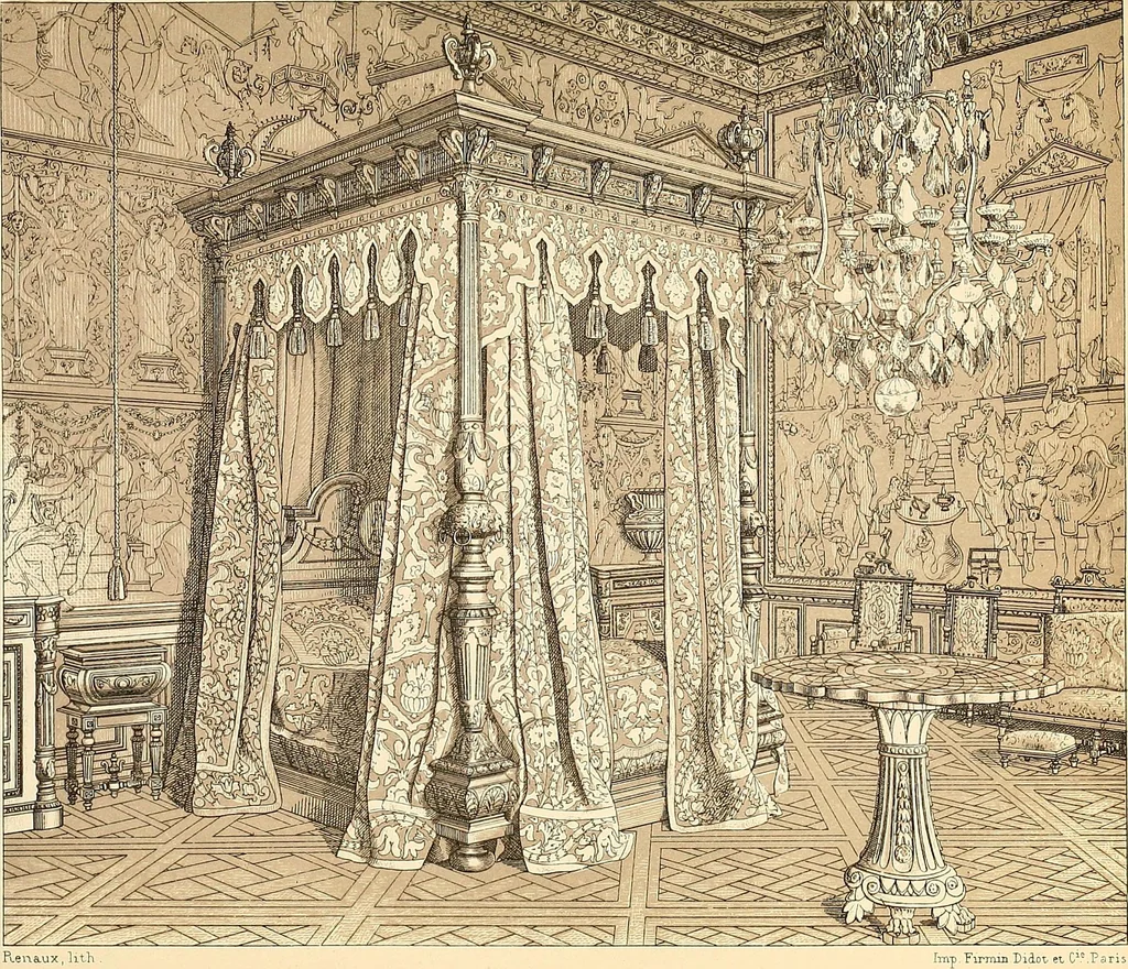 An illustration from Le costume historique. Cinq cents planches, trois cents en couleurs, or et argent, deux cents en camaieu. Types principaux du vêtement et de la parure, rapprochés de ceux de l'intérieur de l'habitation dans tous les temps et chez tous les peuples, avec de nombreux détails sur le mobilier, les armes, les objets usuels, les moyens de transport, etc, 1888, leaf 498