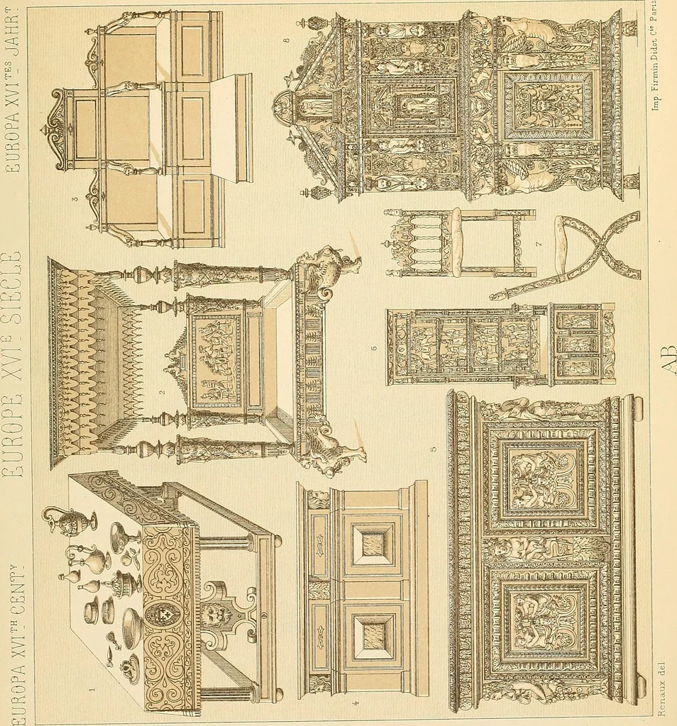 An illustration from Le costume historique. Cinq cents planches, trois cents en couleurs, or et argent, deux cents en camaieu. Types principaux du vêtement et de la parure, rapprochés de ceux de l'intérieur de l'habitation dans tous les temps et chez tous les peuples, avec de nombreux détails sur le mobilier, les armes, les objets usuels, les moyens de transport, etc, 1888, leaf 504