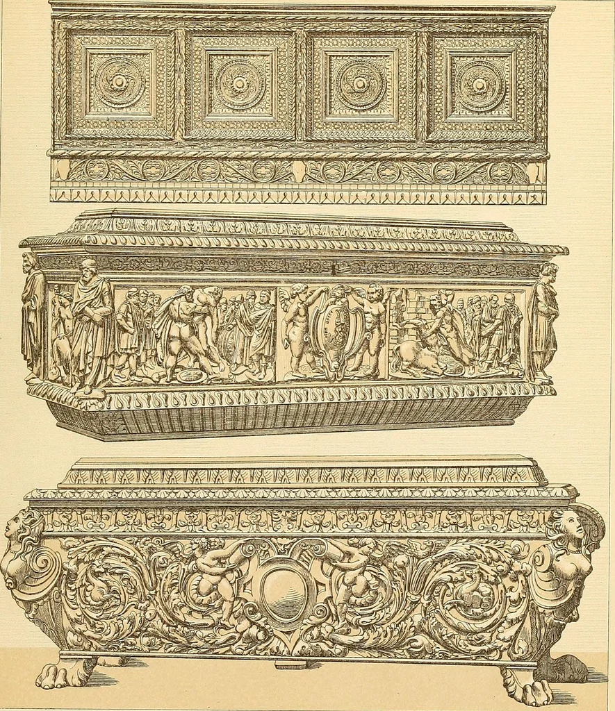 An illustration from Le costume historique. Cinq cents planches, trois cents en couleurs, or et argent, deux cents en camaieu. Types principaux du vêtement et de la parure, rapprochés de ceux de l'intérieur de l'habitation dans tous les temps et chez tous les peuples, avec de nombreux détails sur le mobilier, les armes, les objets usuels, les moyens de transport, etc, 1888, leaf 508