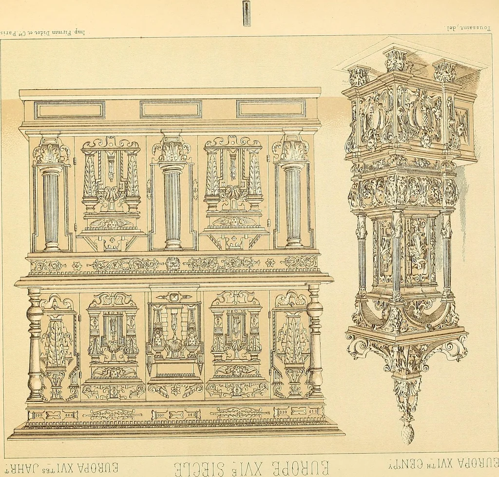 An illustration from Le costume historique. Cinq cents planches, trois cents en couleurs, or et argent, deux cents en camaieu. Types principaux du vêtement et de la parure, rapprochés de ceux de l'intérieur de l'habitation dans tous les temps et chez tous les peuples, avec de nombreux détails sur le mobilier, les armes, les objets usuels, les moyens de transport, etc, 1888, leaf 512