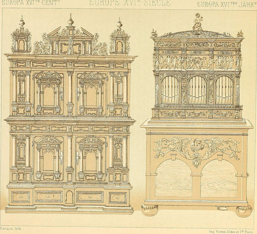 An illustration from Le costume historique. Cinq cents planches, trois cents en couleurs, or et argent, deux cents en camaieu. Types principaux du vêtement et de la parure, rapprochés de ceux de l'intérieur de l'habitation dans tous les temps et chez tous les peuples, avec de nombreux détails sur le mobilier, les armes, les objets usuels, les moyens de transport, etc, 1888, leaf 516