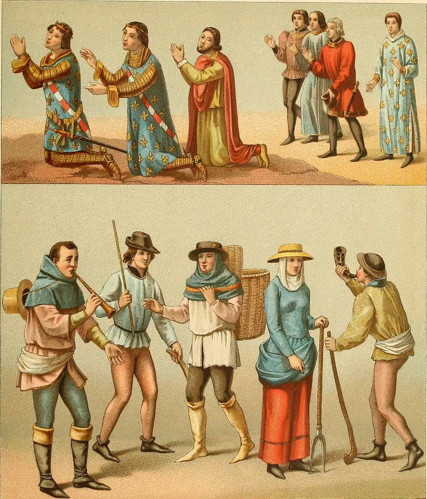 An illustration from Le costume historique. Cinq cents planches, trois cents en couleurs, or et argent, deux cents en camaieu. Types principaux du vêtement et de la parure, rapprochés de ceux de l'intérieur de l'habitation dans tous les temps et chez tous les peuples, avec de nombreux détails sur le mobilier, les armes, les objets usuels, les moyens de transport, etc, 1888, leaf 52