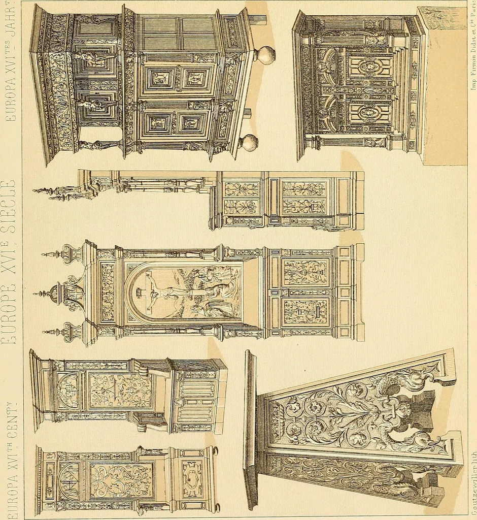 An illustration from Le costume historique. Cinq cents planches, trois cents en couleurs, or et argent, deux cents en camaieu. Types principaux du vêtement et de la parure, rapprochés de ceux de l'intérieur de l'habitation dans tous les temps et chez tous les peuples, avec de nombreux détails sur le mobilier, les armes, les objets usuels, les moyens de transport, etc, 1888, leaf 520