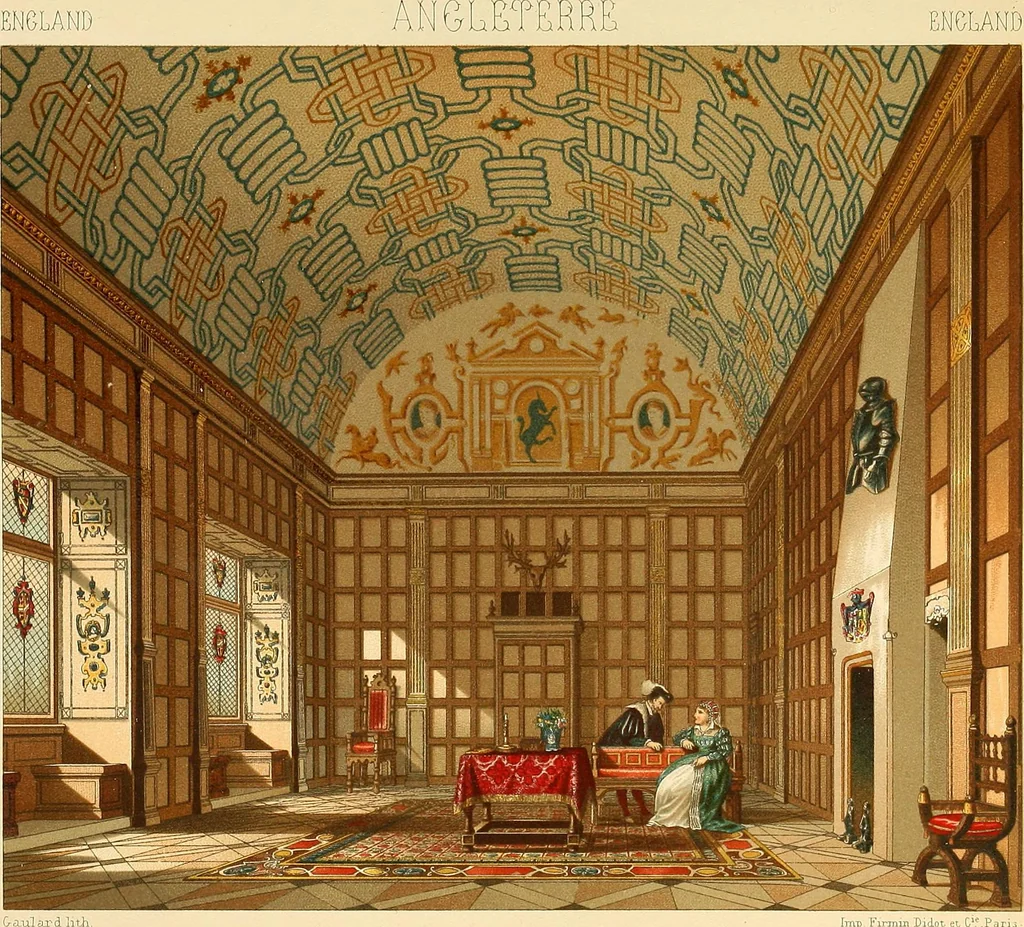 An illustration from Le costume historique. Cinq cents planches, trois cents en couleurs, or et argent, deux cents en camaieu. Types principaux du vêtement et de la parure, rapprochés de ceux de l'intérieur de l'habitation dans tous les temps et chez tous les peuples, avec de nombreux détails sur le mobilier, les armes, les objets usuels, les moyens de transport, etc, 1888, leaf 524