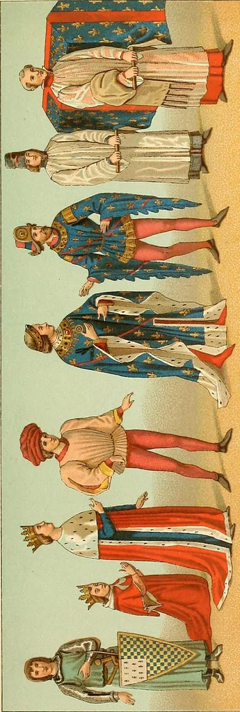 An illustration from Le costume historique. Cinq cents planches, trois cents en couleurs, or et argent, deux cents en camaieu. Types principaux du vêtement et de la parure, rapprochés de ceux de l'intérieur de l'habitation dans tous les temps et chez tous les peuples, avec de nombreux détails sur le mobilier, les armes, les objets usuels, les moyens de transport, etc, 1888, leaf 58