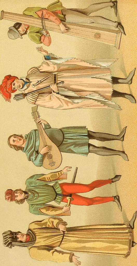 An illustration from Le costume historique. Cinq cents planches, trois cents en couleurs, or et argent, deux cents en camaieu. Types principaux du vêtement et de la parure, rapprochés de ceux de l'intérieur de l'habitation dans tous les temps et chez tous les peuples, avec de nombreux détails sur le mobilier, les armes, les objets usuels, les moyens de transport, etc, 1888, leaf 58