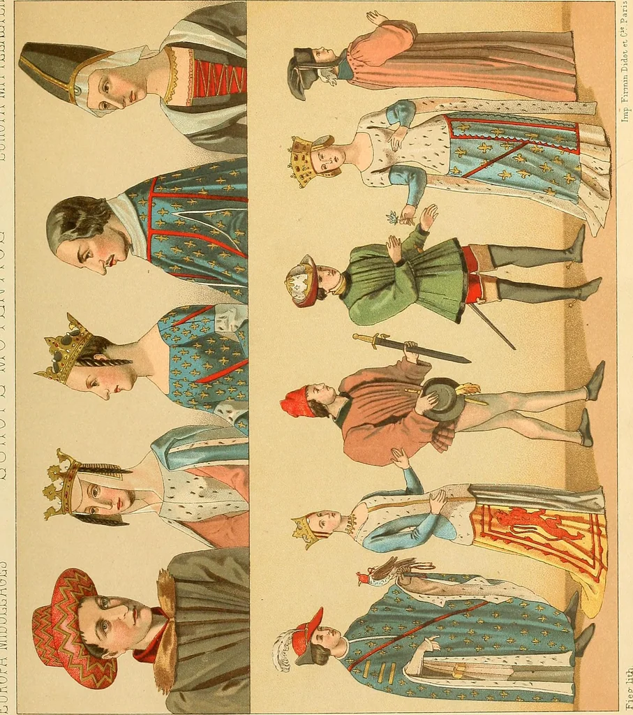 An illustration from Le costume historique. Cinq cents planches, trois cents en couleurs, or et argent, deux cents en camaieu. Types principaux du vêtement et de la parure, rapprochés de ceux de l'intérieur de l'habitation dans tous les temps et chez tous les peuples, avec de nombreux détails sur le mobilier, les armes, les objets usuels, les moyens de transport, etc, 1888, leaf 64