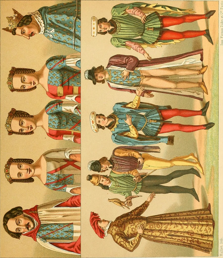 An illustration from Le costume historique. Cinq cents planches, trois cents en couleurs, or et argent, deux cents en camaieu. Types principaux du vêtement et de la parure, rapprochés de ceux de l'intérieur de l'habitation dans tous les temps et chez tous les peuples, avec de nombreux détails sur le mobilier, les armes, les objets usuels, les moyens de transport, etc, 1888, leaf 72