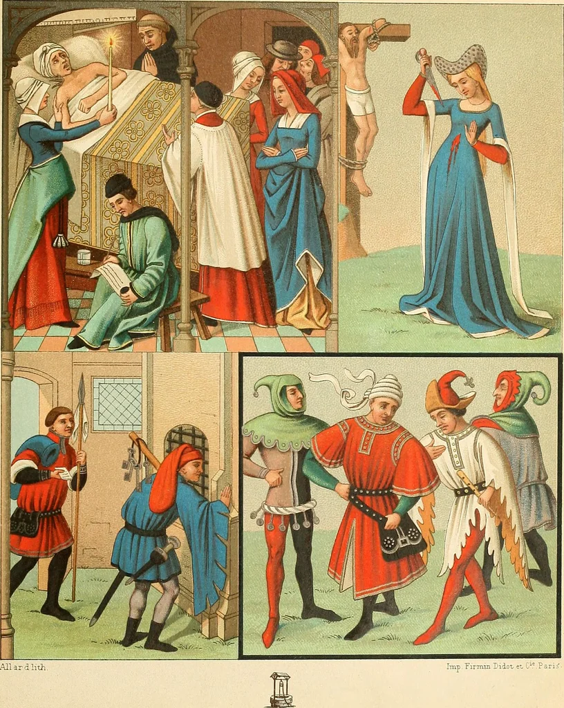 An illustration from Le costume historique. Cinq cents planches, trois cents en couleurs, or et argent, deux cents en camaieu. Types principaux du vêtement et de la parure, rapprochés de ceux de l'intérieur de l'habitation dans tous les temps et chez tous les peuples, avec de nombreux détails sur le mobilier, les armes, les objets usuels, les moyens de transport, etc, 1888, leaf 78