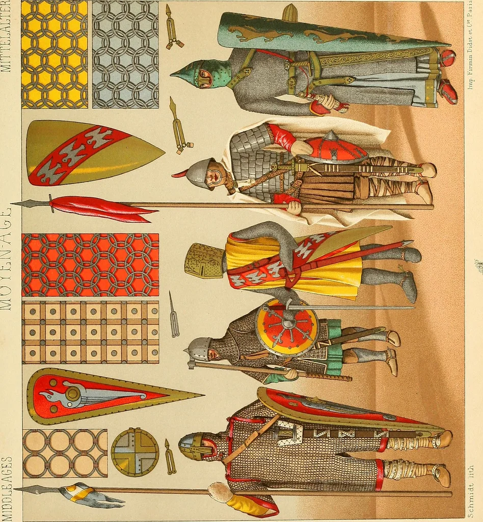 An illustration from Le costume historique. Cinq cents planches, trois cents en couleurs, or et argent, deux cents en camaieu. Types principaux du vêtement et de la parure, rapprochés de ceux de l'intérieur de l'habitation dans tous les temps et chez tous les peuples, avec de nombreux détails sur le mobilier, les armes, les objets usuels, les moyens de transport, etc, 1888, leaf 8